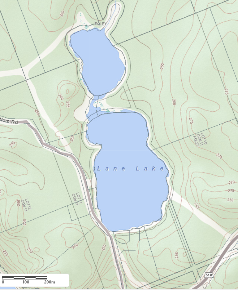 Topographical Map of Lane Lake in Municipality of Seguin and the District of Parry Sound