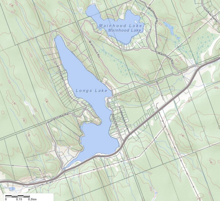 Topographical Map of Longs Lake in Municipality of Huntsville and the District of Muskoka