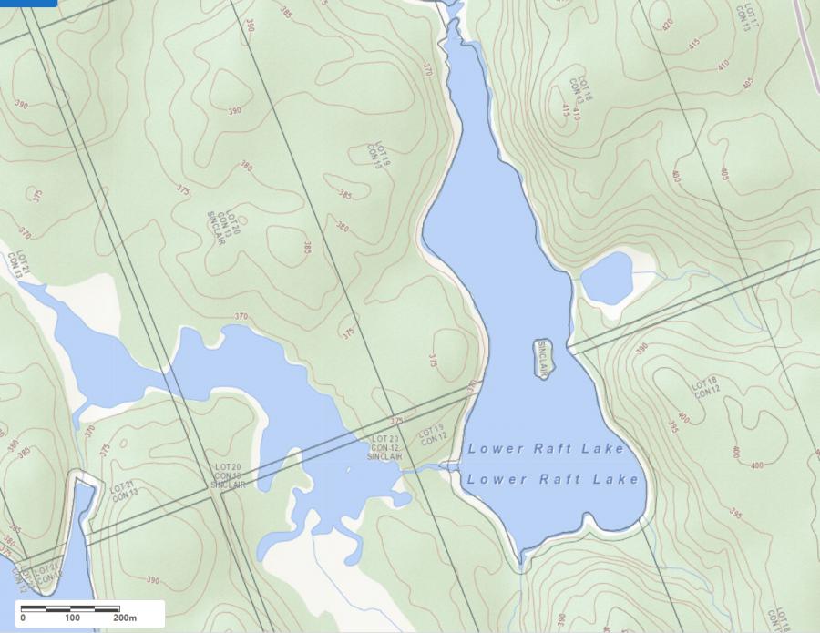 Topographical Map of Lower Raft Lake in Municipality of Lake of Bays and the District of Muskoka