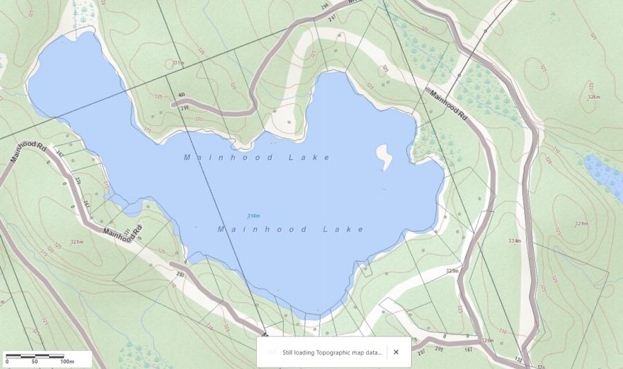 Topographical Map of Mainhood Lake in Municipality of Huntsville and the District of Muskoka