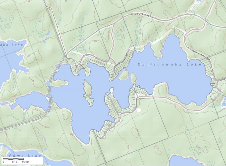 Topographical Map of Manitouwaba Lake in Municipality of Seguin and the District of Parry Sound