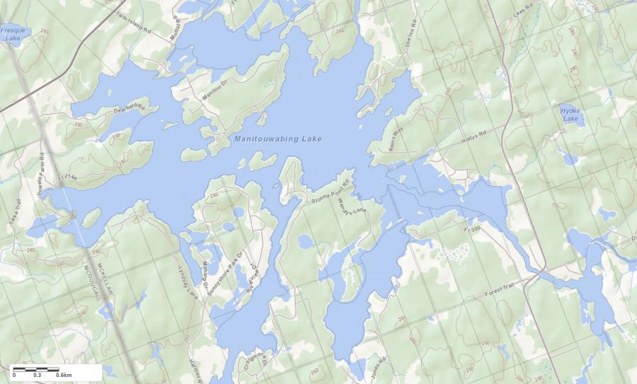 Topographical Map of Manitouwabing Lake in Municipality of McKellar and the District of Parry Sound