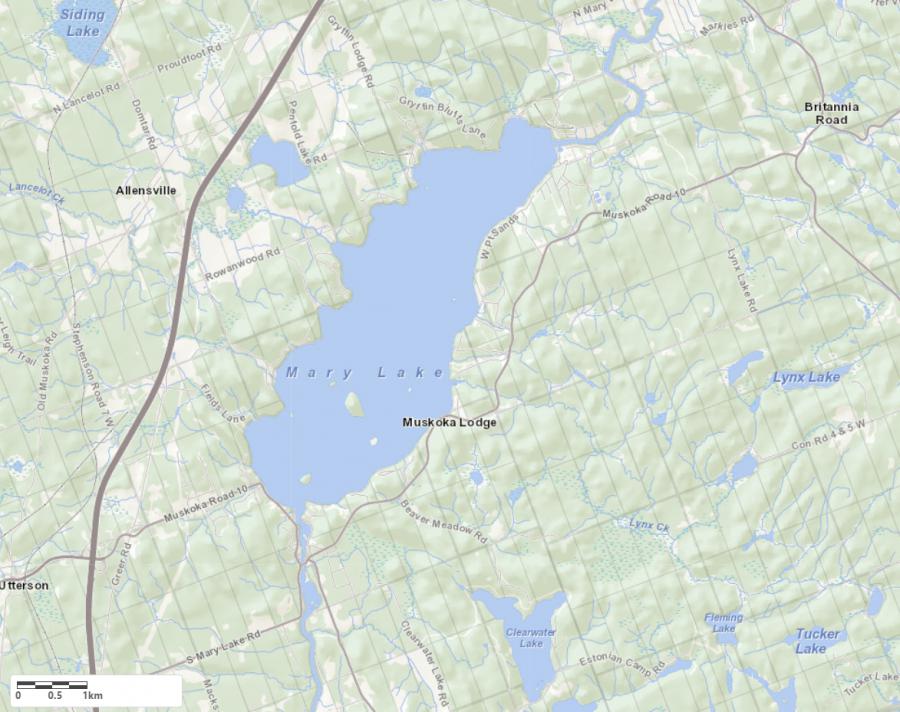 Topographical Map of Mary Lake in Municipality of Huntsville and the District of Muskoka