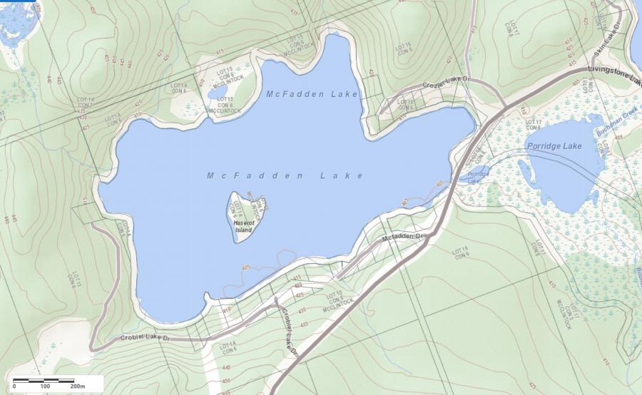 Topographical Map of McFadden Lake in Municipality of Algonquin Highlands and the District of Haliburton