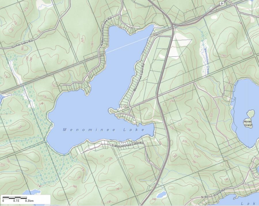 Topographical Map of Menominee Lake in Municipality of Lake of Bays and the District of Muskoka