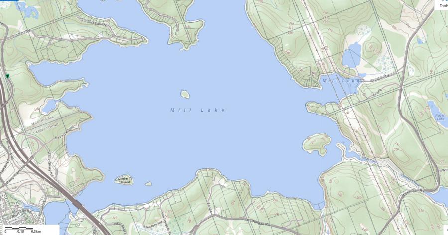 Topographical Map of Mill Lake in Municipality of McDougall and the District of Parry Sound
