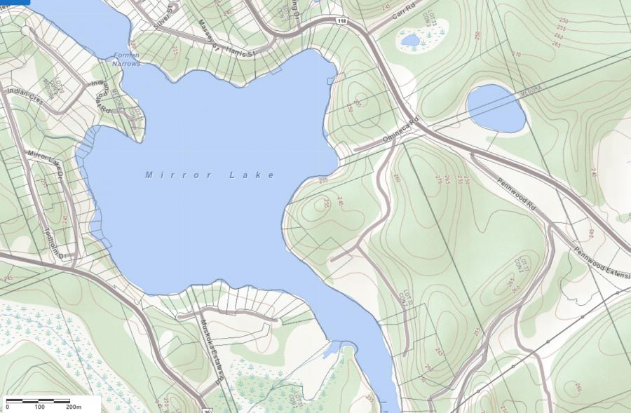 Topographical Map of Mirror Lake in Municipality of Muskoka Lakes and the District of Muskoka