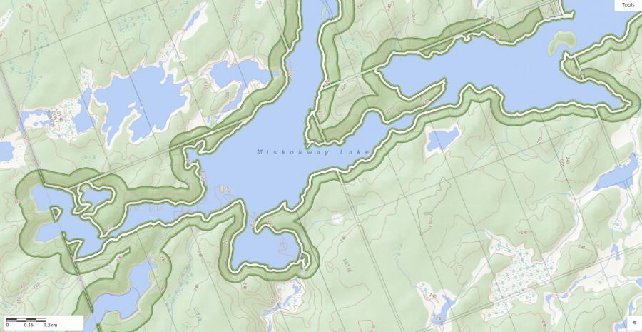 Topographical Map of Miskokway Lake in Municipality of Whitestone and the District of Parry Sound