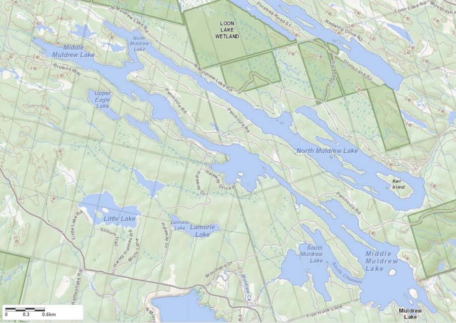 Topographical Map of Muldrew Lakes in Municipality of Gravenhurst and the District of Muskoka