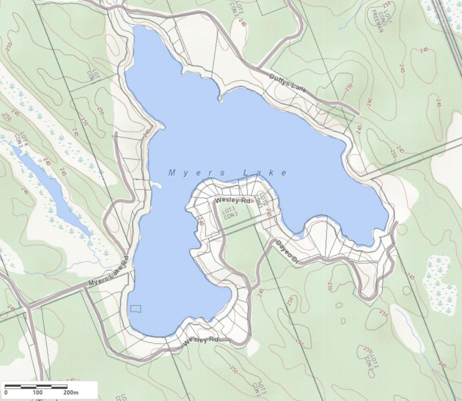 Topographical Map of Myers Lake in Municipality of Georgian Bay and the District of Muskoka