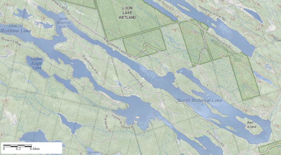 Topographical Map of North Muldrew Lake in Municipality of Gravenhurst and the District of Muskoka