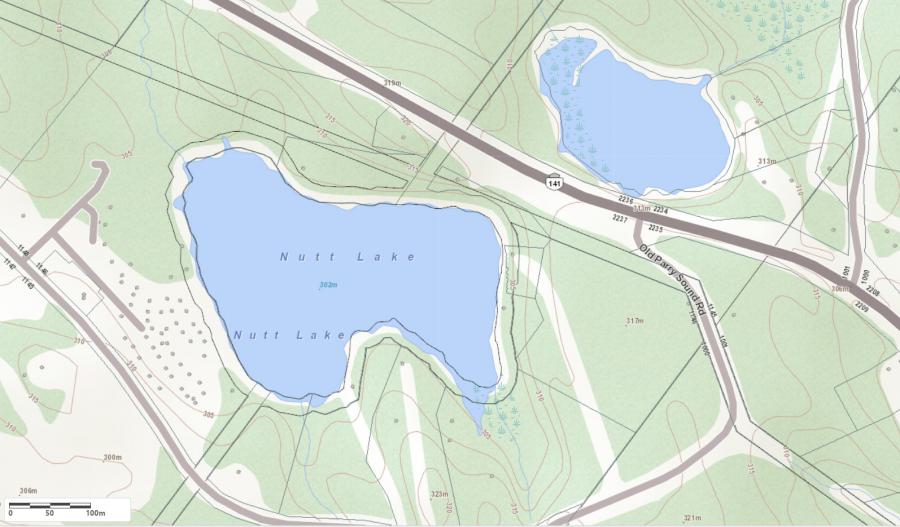 Topographical Map of Nutt Lake in Municipality of Muskoka Lakes and the District of Muskoka