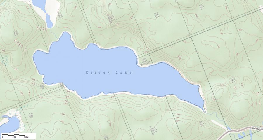 Topographical Map of Oliver Lake in Municipality of McKellar and the District of Parry Sound