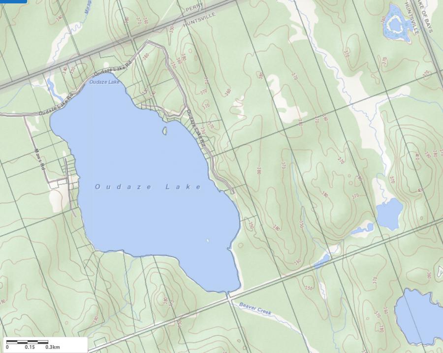 Topographical Map of Oudaze Lake in Municipality of Huntsville and the District of Muskoka