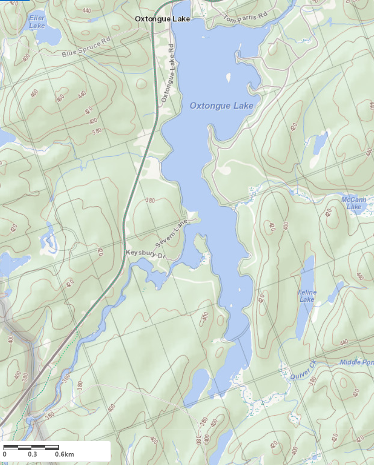 Topographical Map of Oxtongue Lake in Municipality of Algonquin Highlands and the District of Haliburton