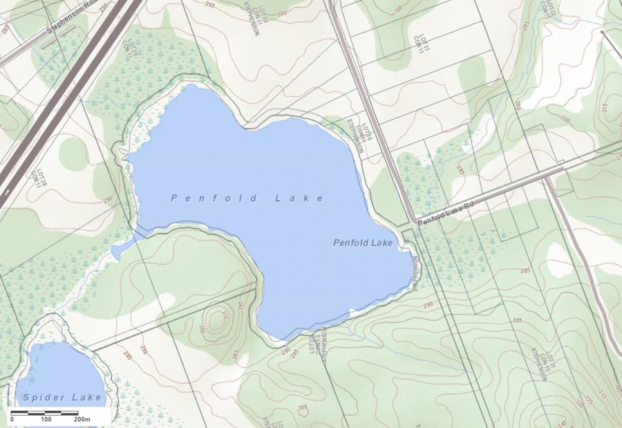 Topographical Map of Penfold Lake in Municipality of Huntsville and the District of Muskoka