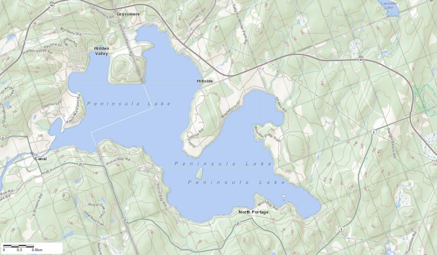 Topographical Map of Peninsula Lake in Municipality of Huntsville and the District of Muskoka