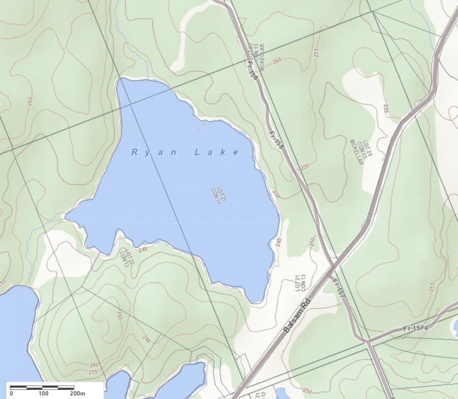 Topographical Map of Ryan Lake in Municipality of McKellar and the District of Parry Sound