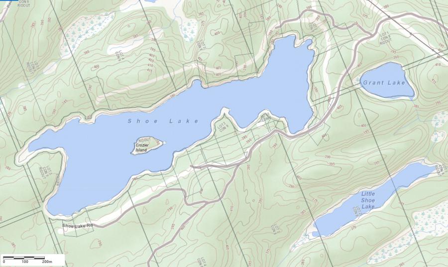 Topographical Map of Shoe Lake in Municipality of Lake of Bays and the District of Muskoka