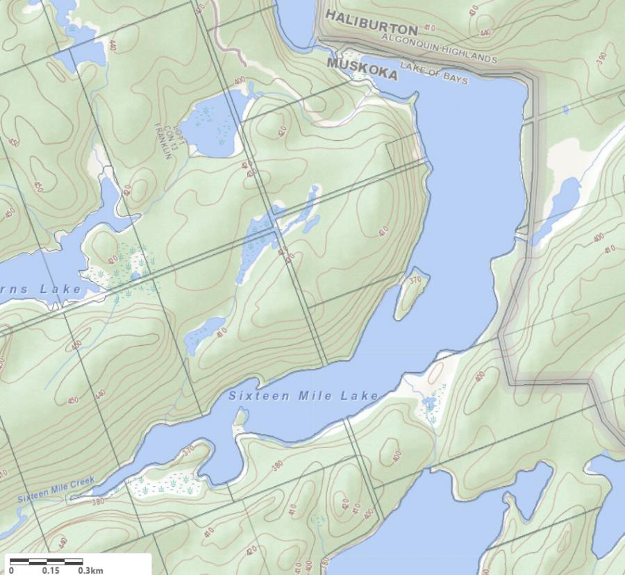Topographical Map of Sixteen Mile Lake in Municipality of Lake of Bays and the District of Muskoka