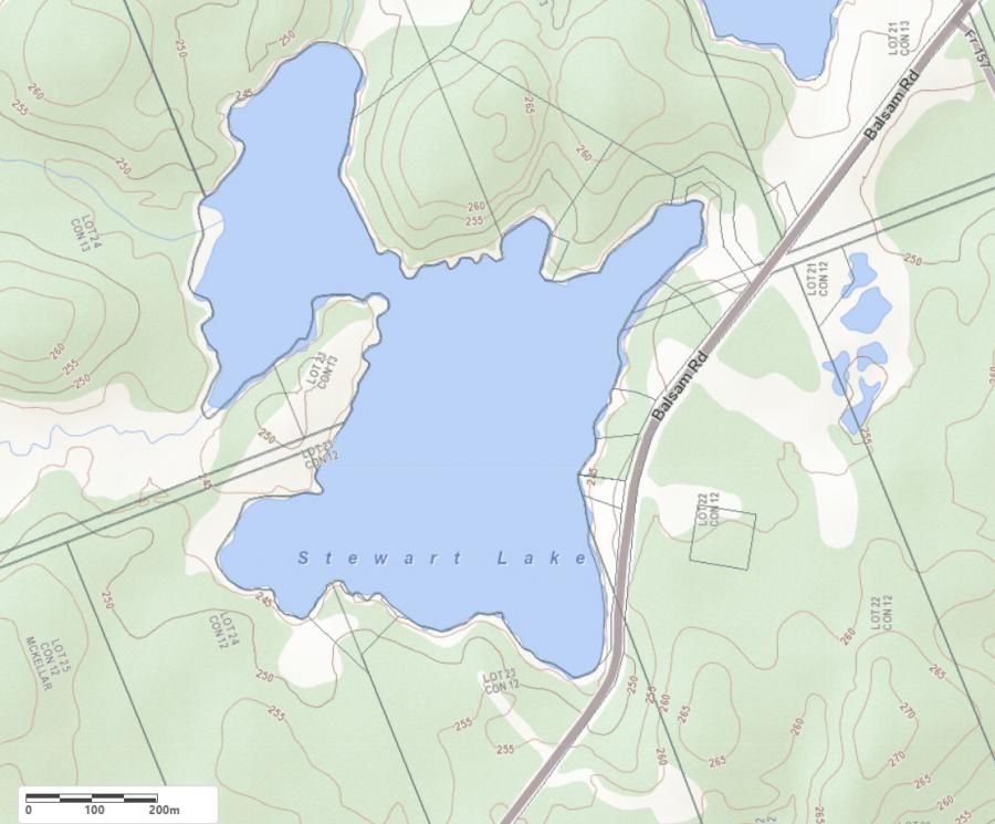 Topographical Map of Stewart Lake in Municipality of McKellar and the District of Parry Sound