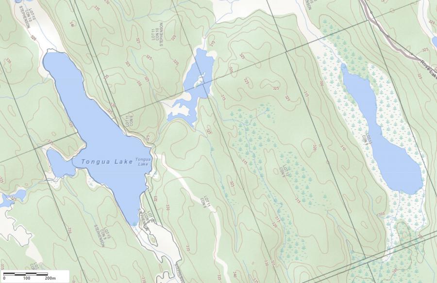 Topographical Map of Tongua Lake in Municipality of Huntsville and the District of Muskoka