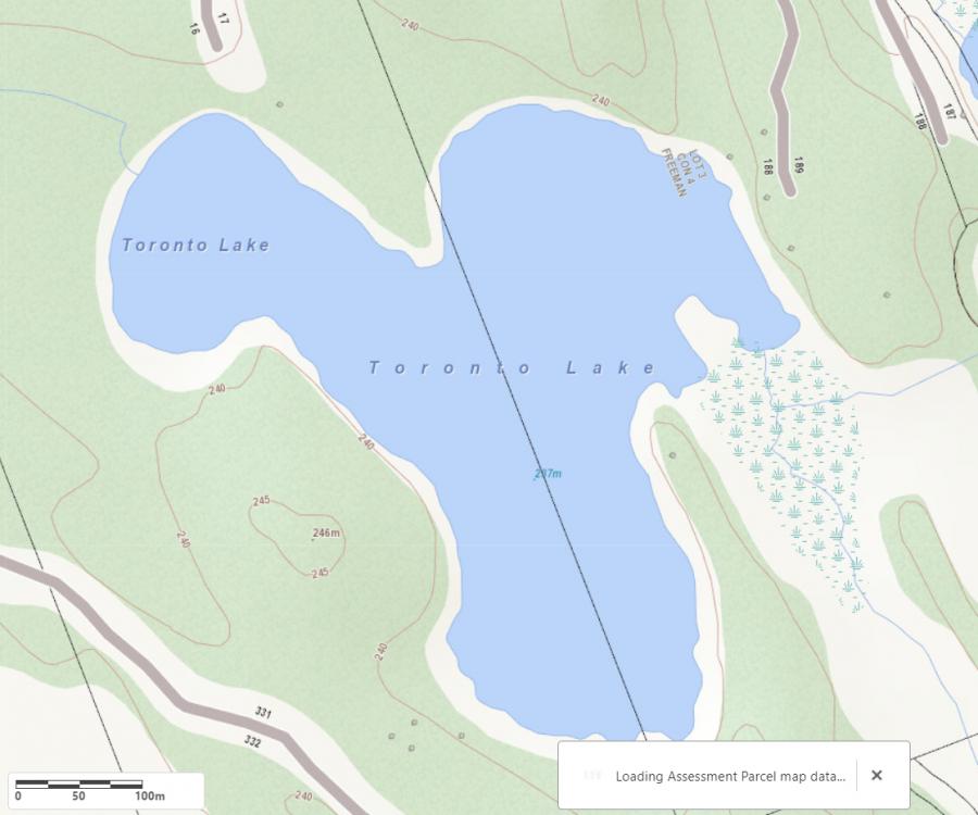 Topographical Map of Toronto Lake in Municipality of Georgian Bay and the District of Muskoka