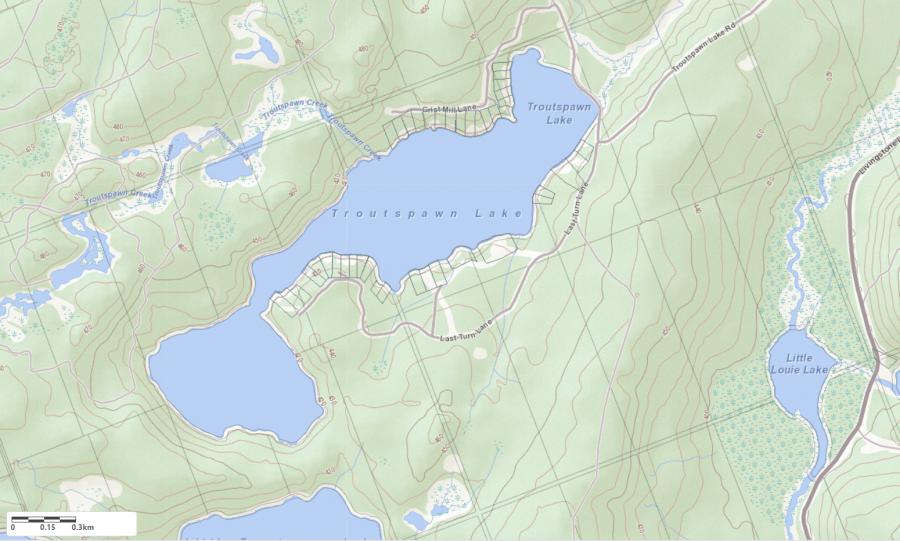 Topographical Map of Troutspawn Lake in Municipality of Algonquin Highlands and the District of Haliburton