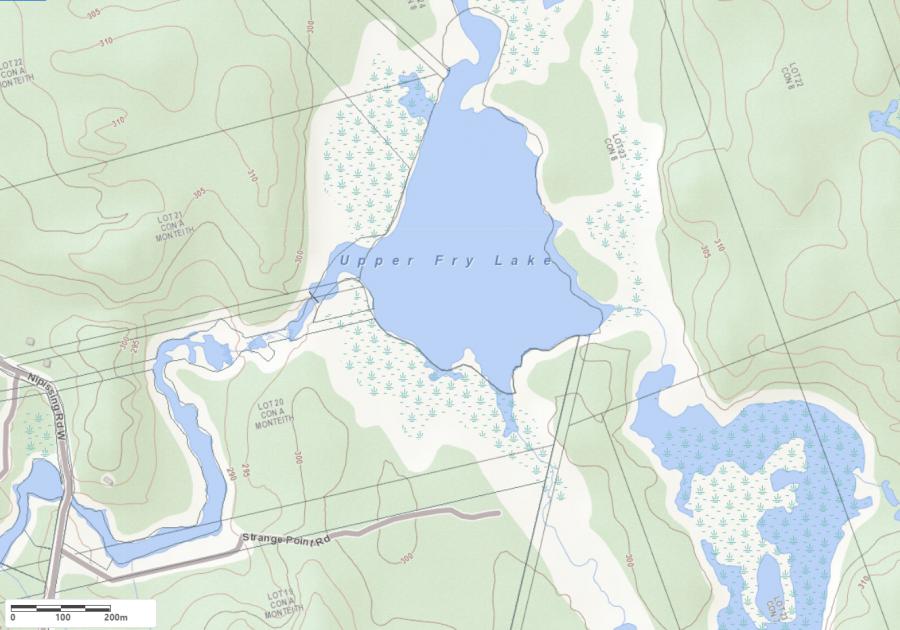 Topographical Map of Upper Fry Lake in Municipality of Seguin and the District of Parry Sound