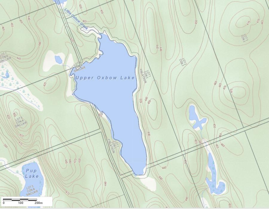 Topographical Map of Upper Oxbow Lake in Municipality of Lake of Bays and the District of Muskoka