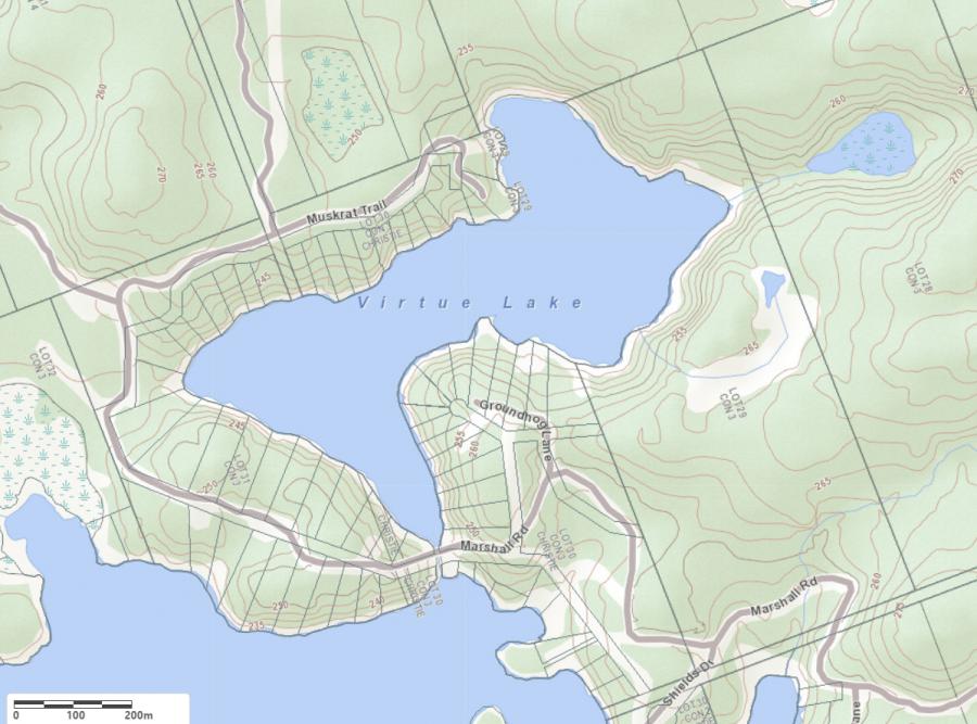 Topographical Map of Virtue Lake in Municipality of Seguin and the District of Parry Sound