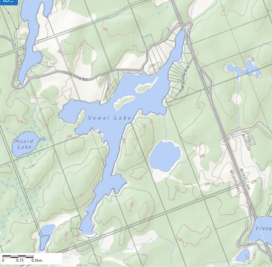 Topographical Map of Vowel Lake in Municipality of McDougall and the District of Parry Sound