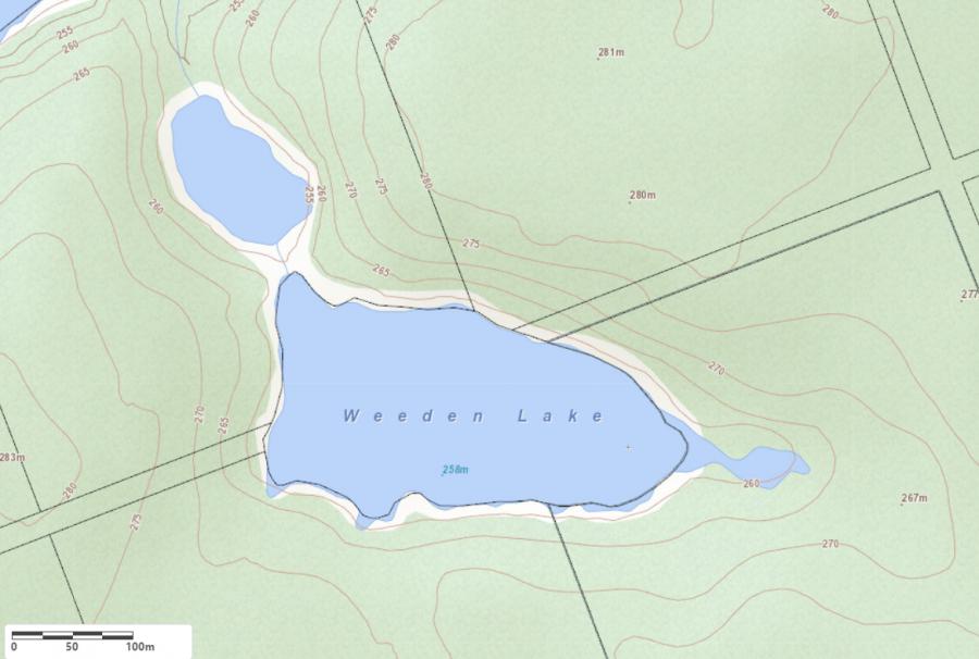 Topographical Map of Weeden Lake in Municipality of Seguin and the District of Parry Sound