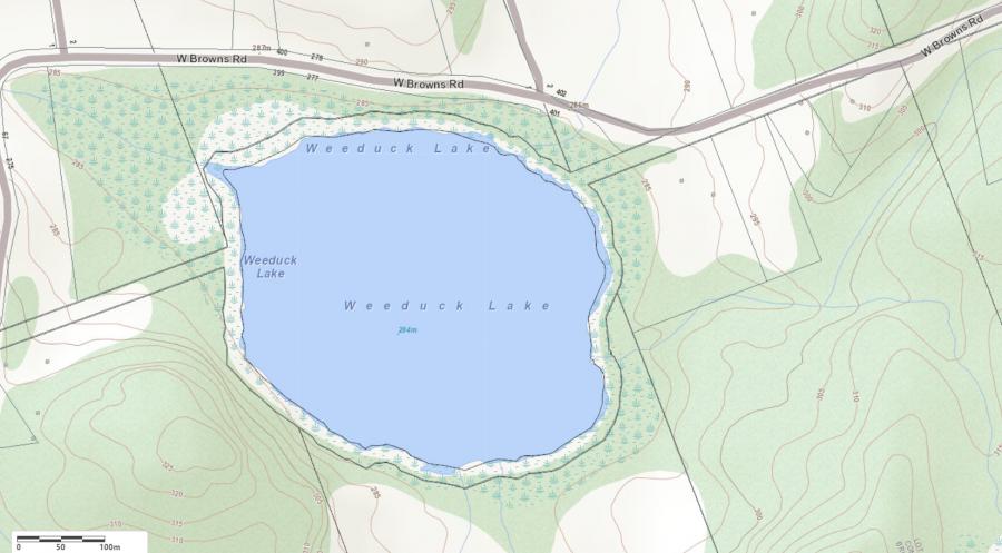 Topographical Map of Weeduck Lake in Municipality of Huntsville and the District of Muskoka