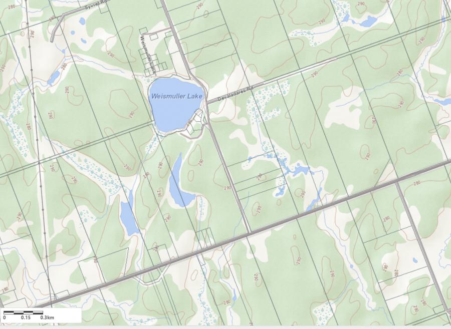 Topographical Map of Weismuller Lake in Municipality of Bracebridge and the District of Muskoka