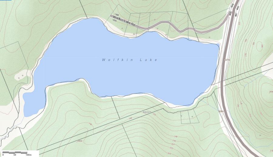 Topographical Map of Wolfkin Lake in Municipality of Lake of Bays and the District of Muskoka